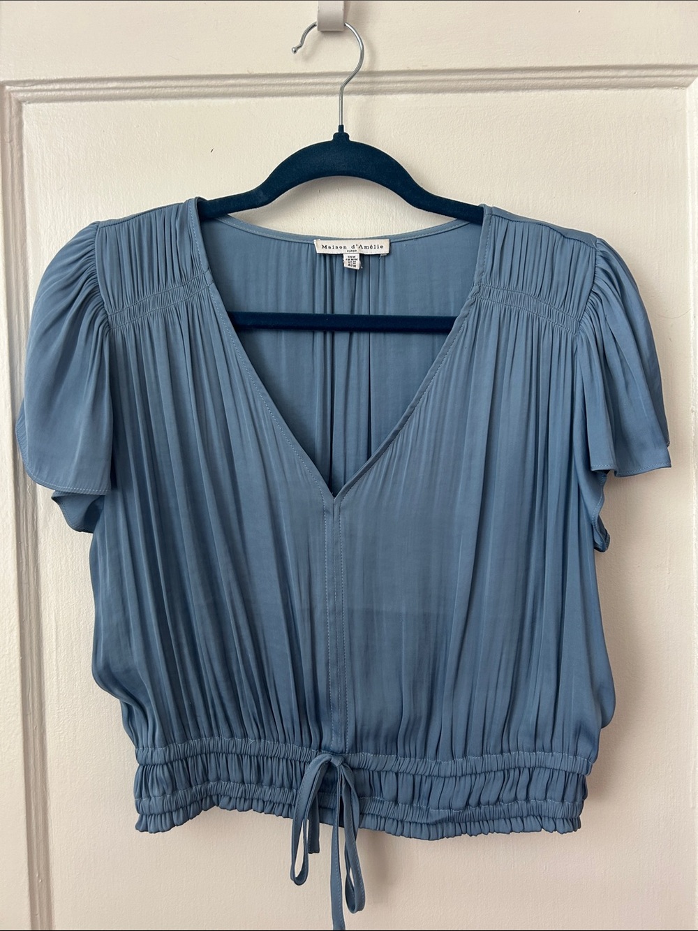 Maison Jules Dusty Blue V-Neck Pleated Tie-Waist Crop Top Blouse